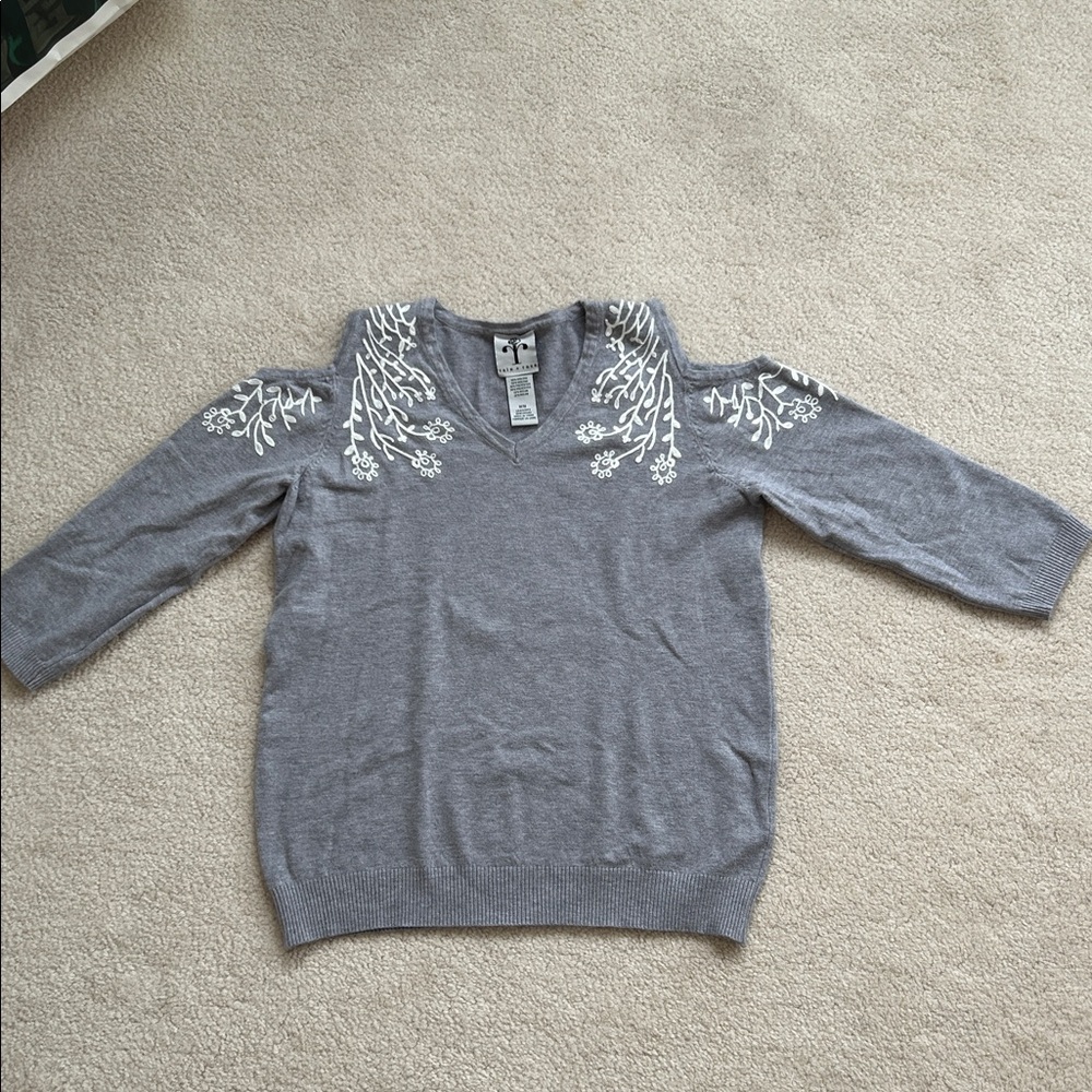 Rain + Rose Gray Sweater with White Floral Embroidery